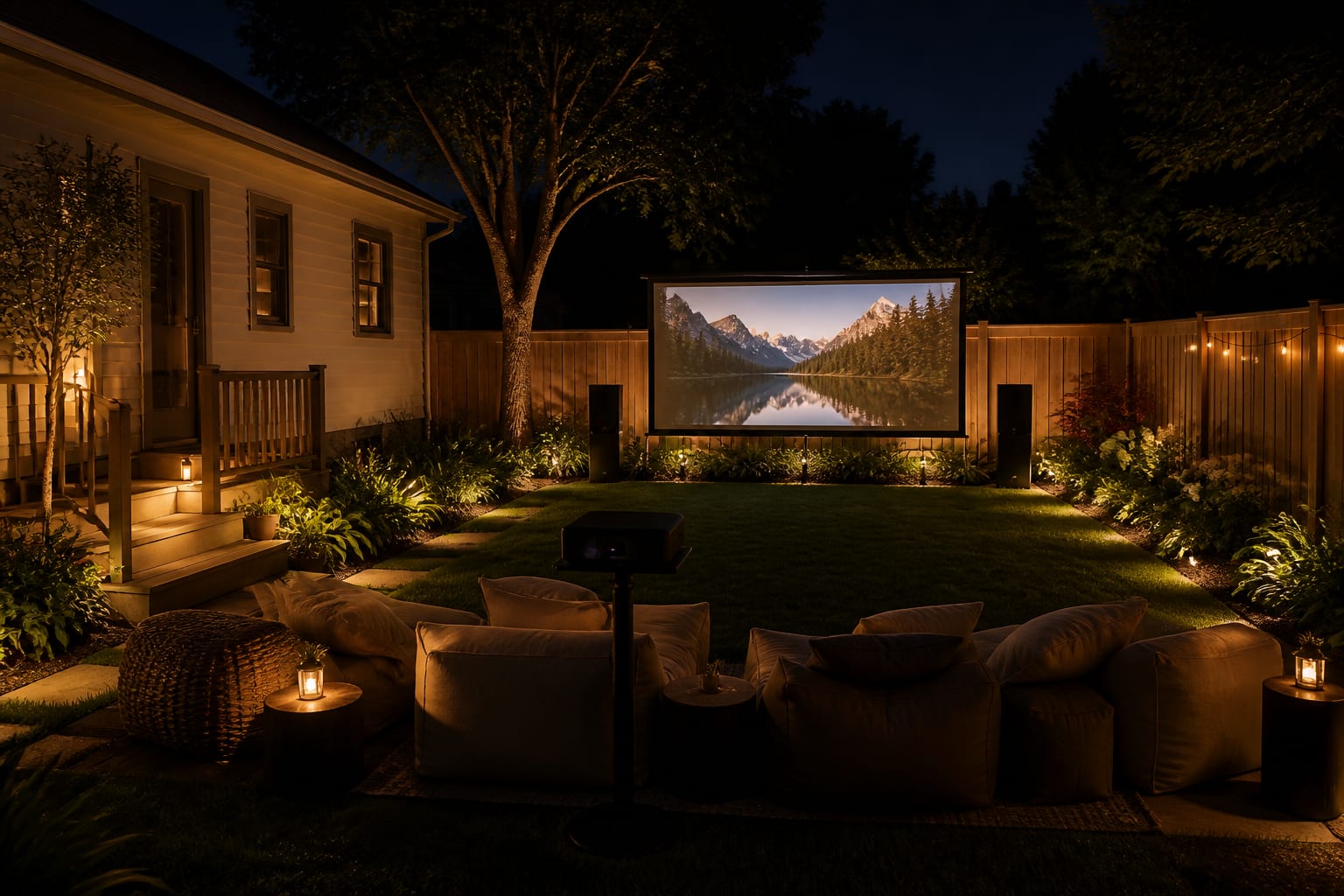 Same backyard at night with a large screen on the fence, an arc of loungers, and dimmed lights after redesign