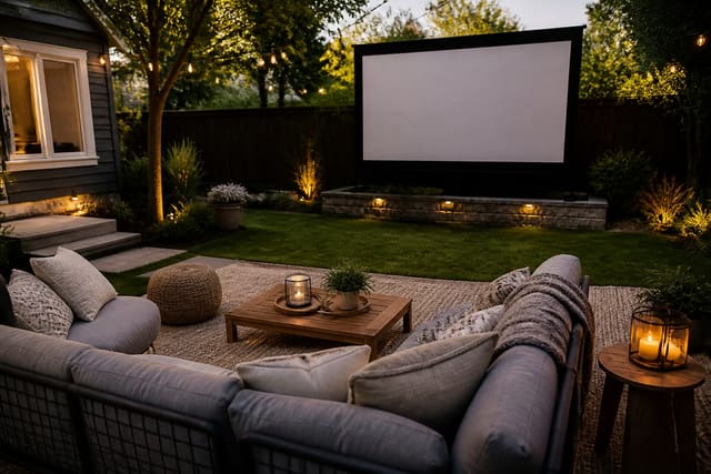Backyard Cinema Ideas: A Full Outdoor Movie Experience on a Budget, shown as warm editorial Re-Design photography with believable residential scale, natural light, clear material detail, no overlaid text, no watermark