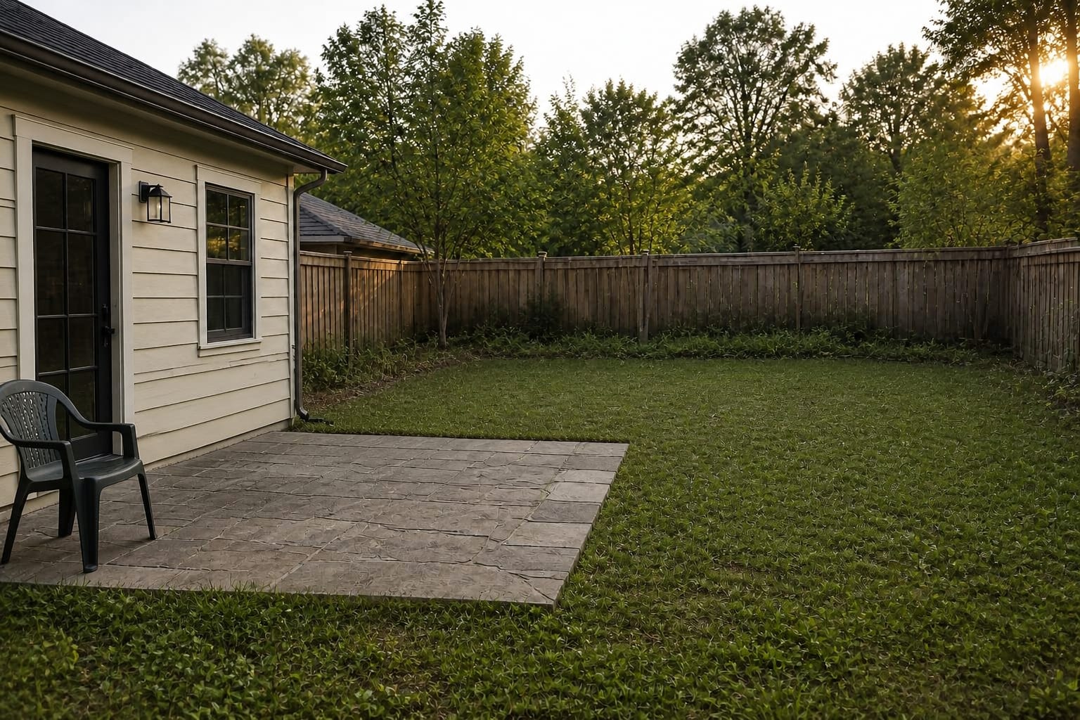 A 30 ft by 40 ft suburban backyard with a single uninterrupted lawn, no defined zones, one plastic chair near the back door, weeds at the fence line, and no planting along the property edge at late-afternoon light.