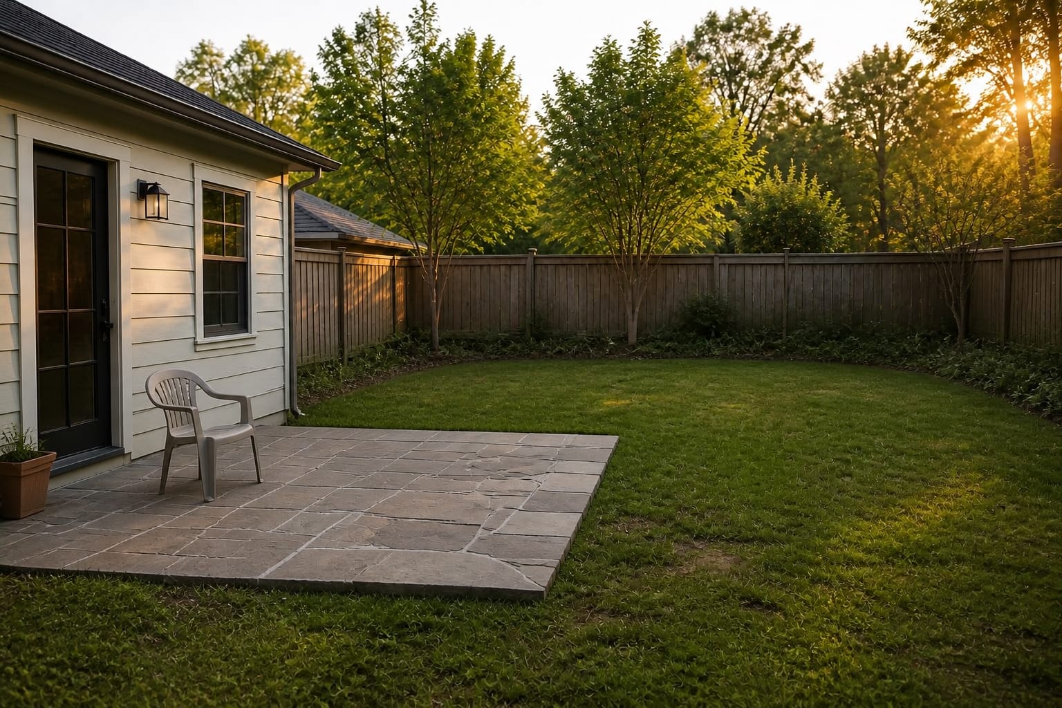 A 30 ft by 40 ft suburban backyard with a single uninterrupted lawn, no defined zones, one plastic chair near the back door, weeds at the fence line, and no planting along the property edge at late-afternoon light.
