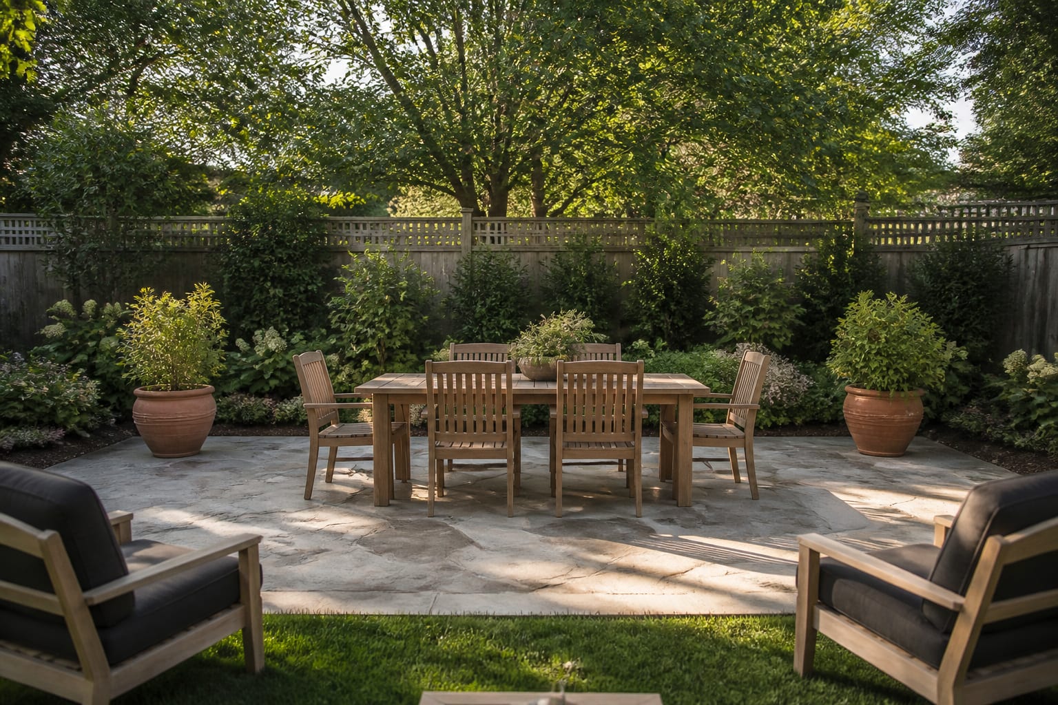Close framing of a 10 ft by 12 ft flagstone dining pad with a 6-seat oak table, terracotta planters at the edges, and a layered planting border behind it in a real suburban backyard.