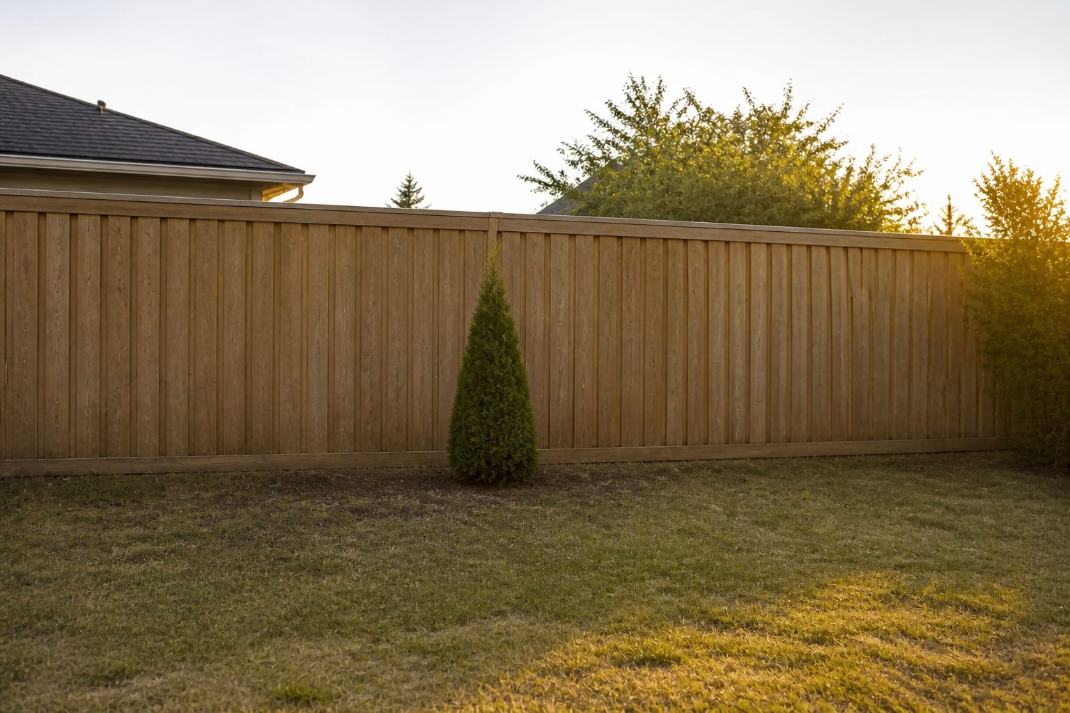 A bare fence line at the back of a suburban yard with patchy lawn running up to the fence, no planting border, and a single arborvitae in a row at late-afternoon light.