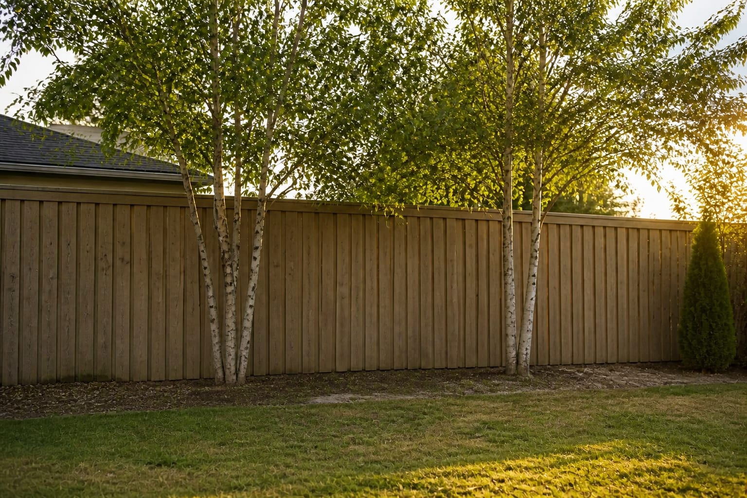 A bare fence line at the back of a suburban yard with patchy lawn running up to the fence, no planting border, and a single arborvitae in a row at late-afternoon light.