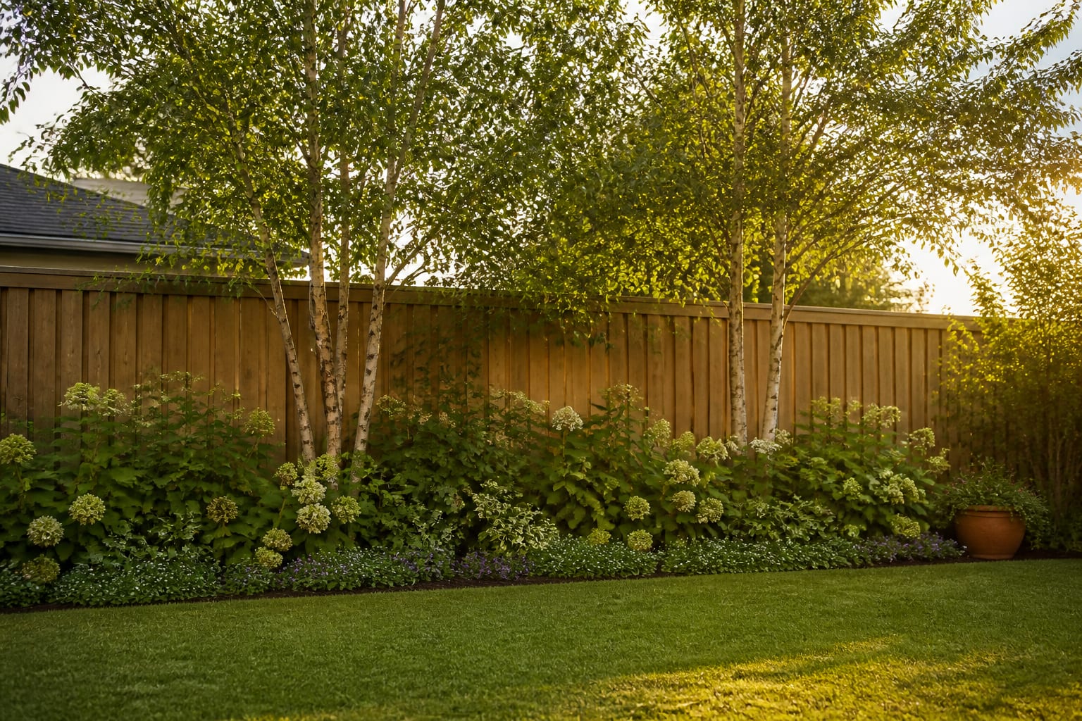 The same back fence line in the same backyard at the same time of day, redesigned with a three-tier layered planting border: 6 ft canopy, 3 ft shrubs, 12 in. ground cover.