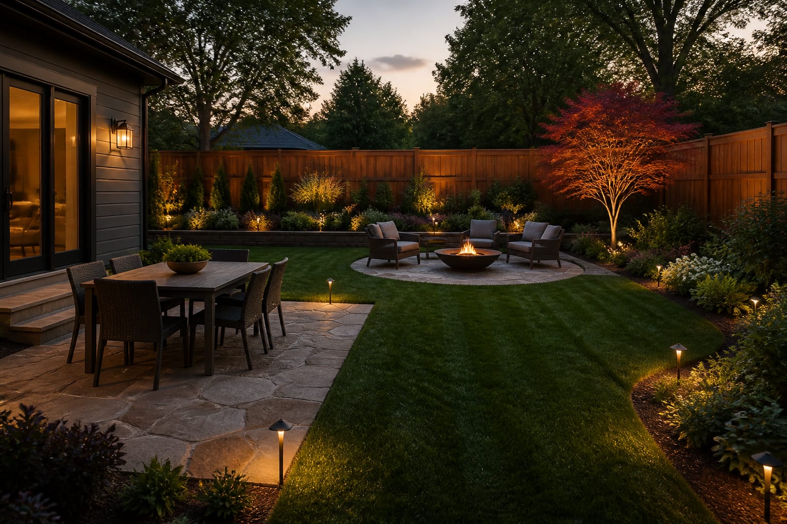 Wide-angle final view of a three-zone backyard at golden hour with all design moves applied: dining pad, fire-pit lounge, specimen tree, layered planting border, and warm path lighting.