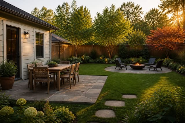 The same backyard from the same camera angle at the same time of day, redesigned with a dining table on a 10 ft by 12 ft flagstone pad near the back door, a four-seat lounge with a steel fire pit on a separate flagstone pad, and a single specimen maple anchoring a layered planting border at the back property line.