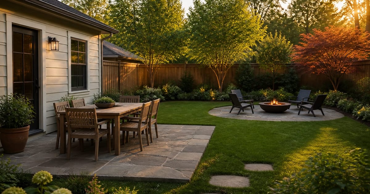 A residential backyard photographed from the rear of the house at eye level, showing three defined zones: a dining table near the back door, a lounge zone with a fire pit on a flagstone pad, and a feature zone with a single specimen tree and layered planting at the property line
