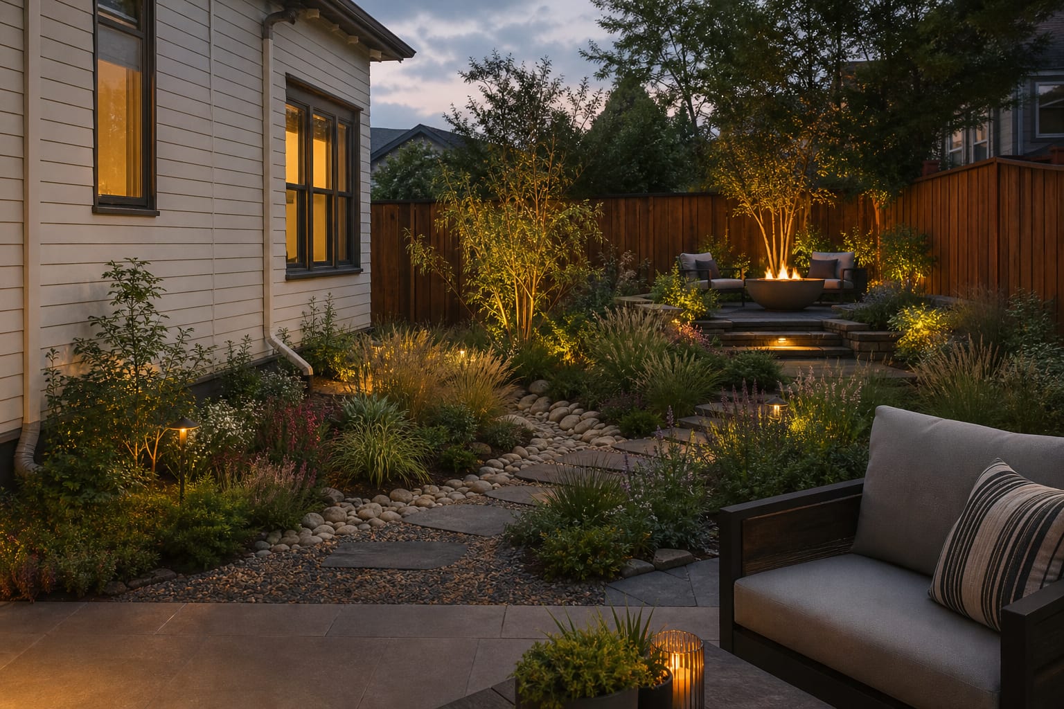 same backyard angle with a planted drainage swale, gravel edge, extended downspout, and dry patio seating zone