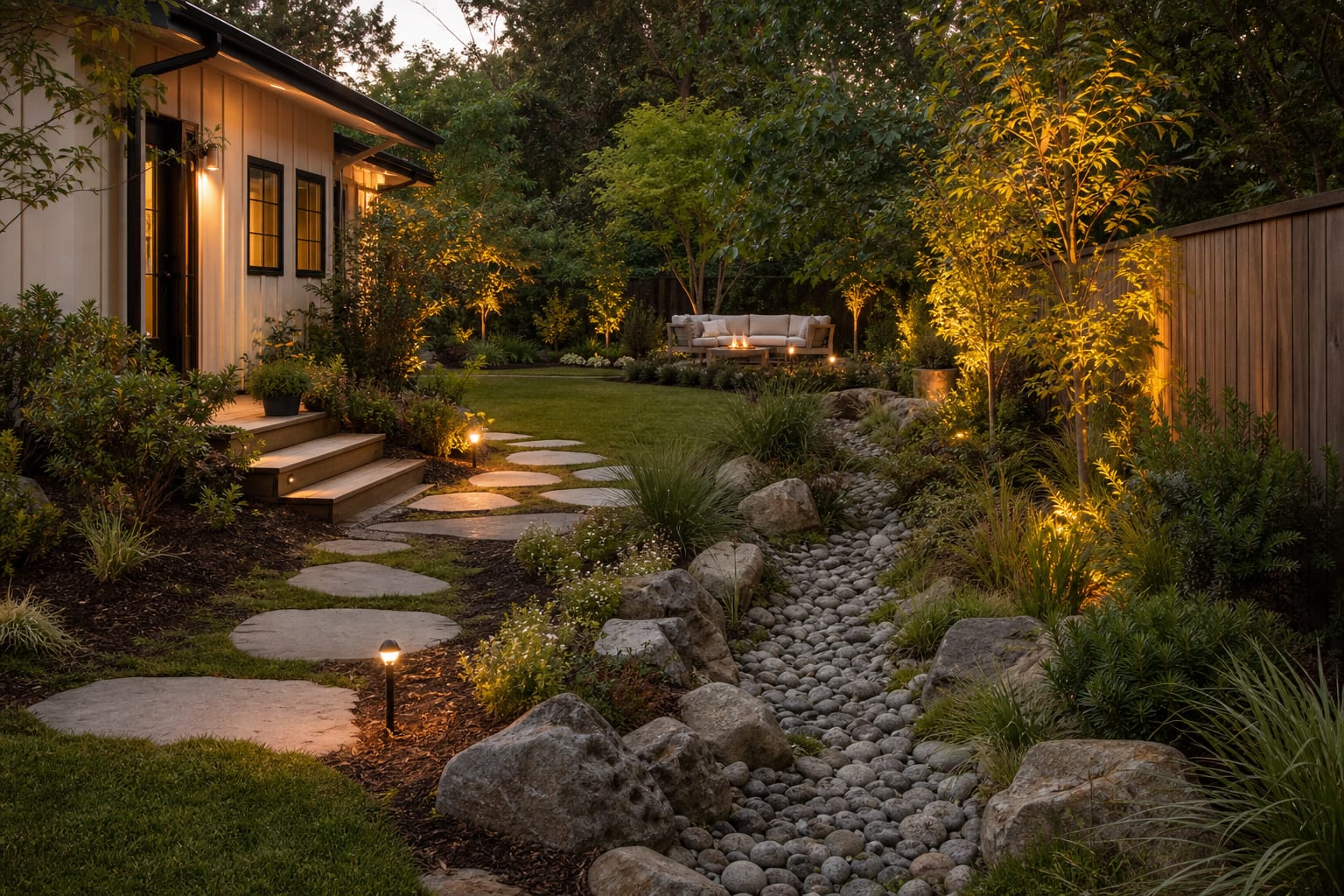 backyard with a shallow swale, gravel drain edge, stepping stones, and layered planting that directs rainwater away from the house