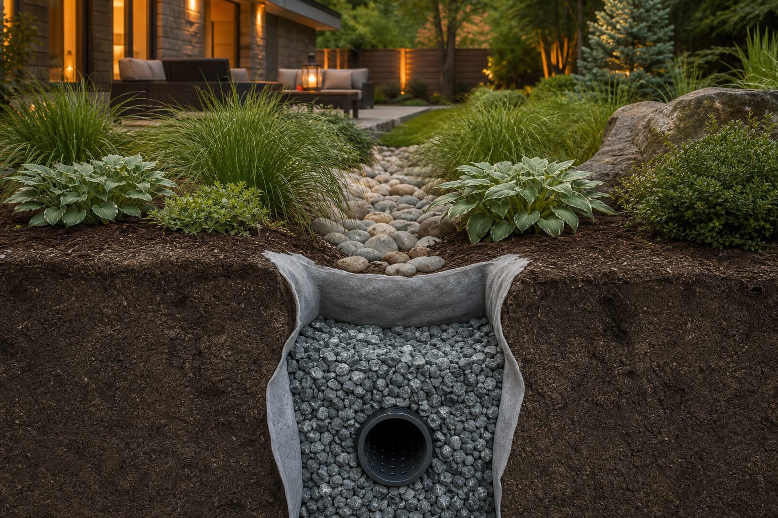 cross section of a backyard French drain with filter fabric, washed gravel, perforated pipe, and a planted swale above