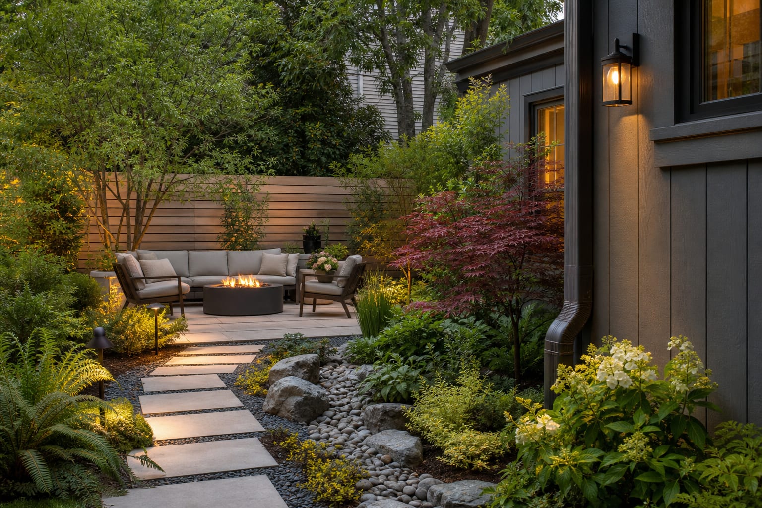 AI preview of the same backyard with a dry seating area, rain garden, gravel channel, and downspout routed into planting