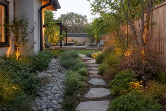 backyard with a shallow swale, gravel drain edge, stepping stones, and layered planting that directs rainwater away from the house