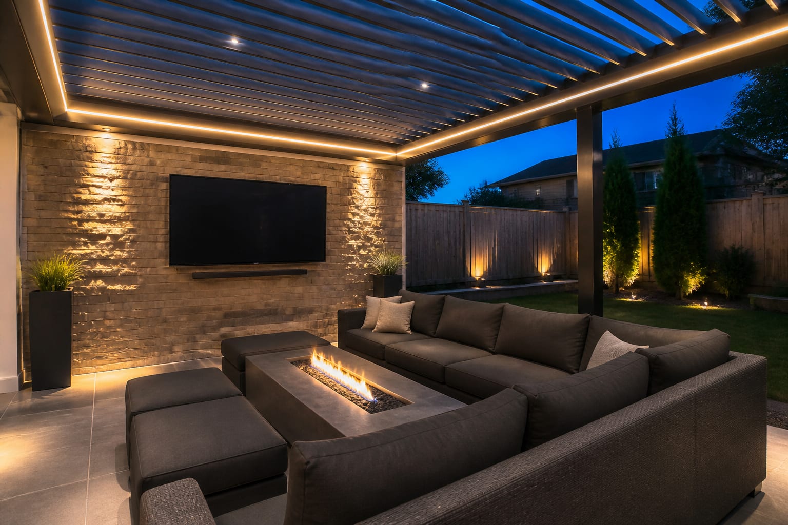 Covered patio entertainment hub with wall-mounted outdoor TV, in-ground landscape speakers, sectional lounge seating, and a fire pit table