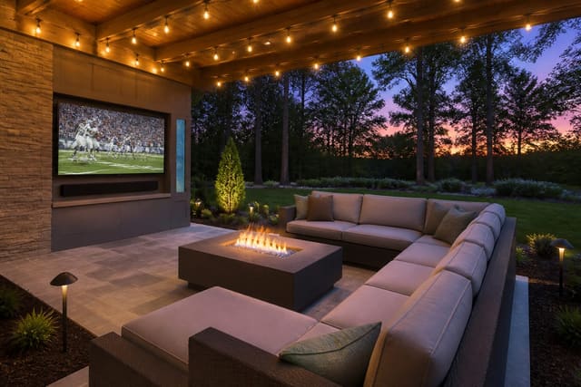 Covered patio backyard entertainment hub with large outdoor TV, built-in landscape speakers, lounge seating, and fire pit table at dusk