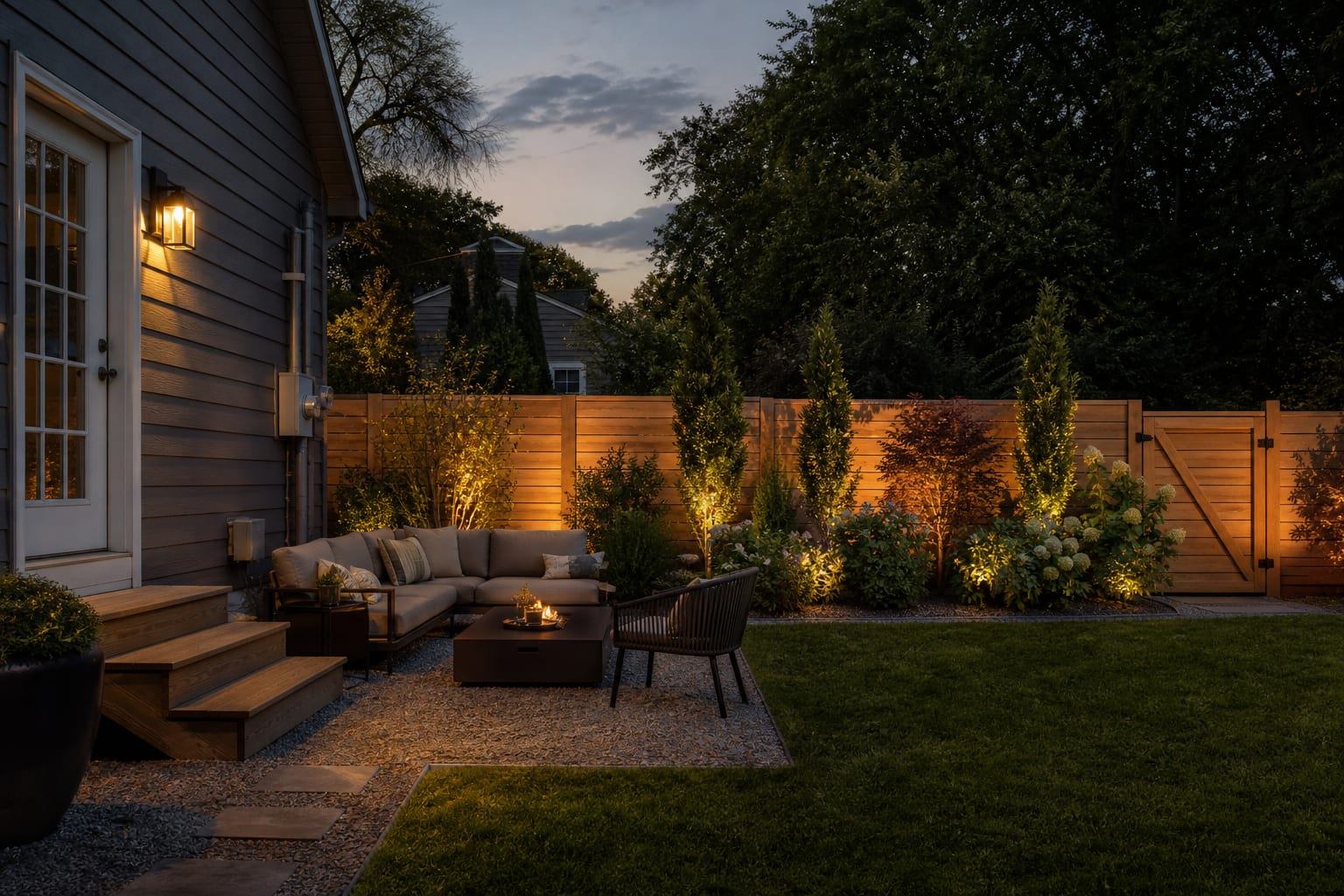 same backyard angle with a warm cedar privacy fence, aligned gate, layered shrubs, gravel edge, and low warm lighting