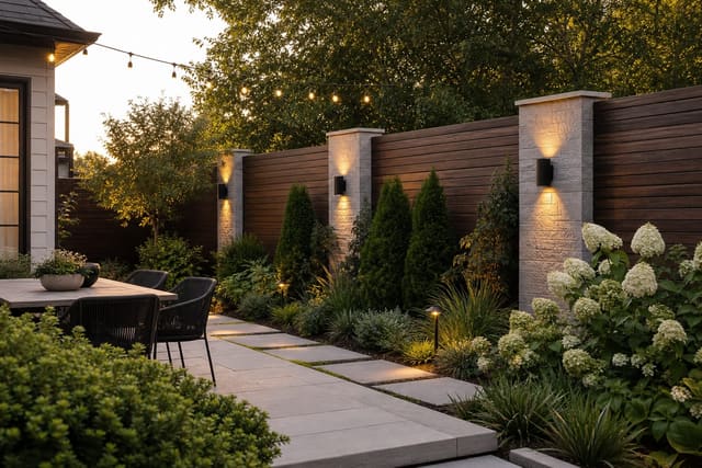 Backyard Fence Ideas: Privacy, Style, and Material Choices shown as a photorealistic outdoor redesign with layered materials, planting, lighting, and clear circulation