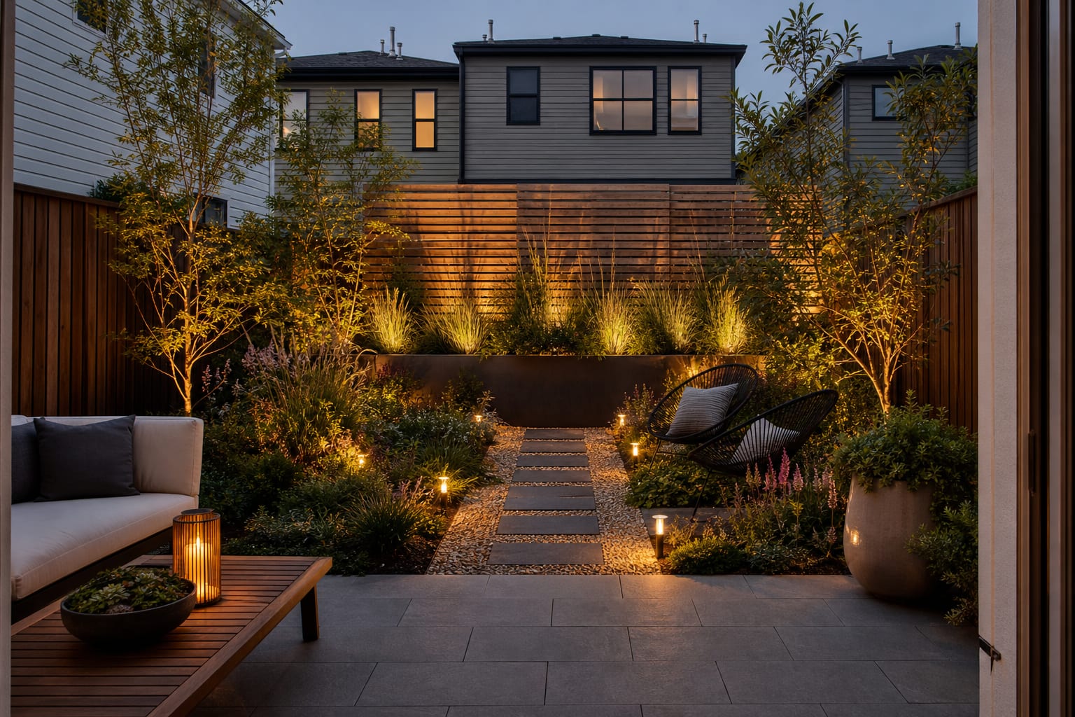 same backyard view with cedar feature wall, large planter, layered grasses, gravel path, and warm low landscape lights