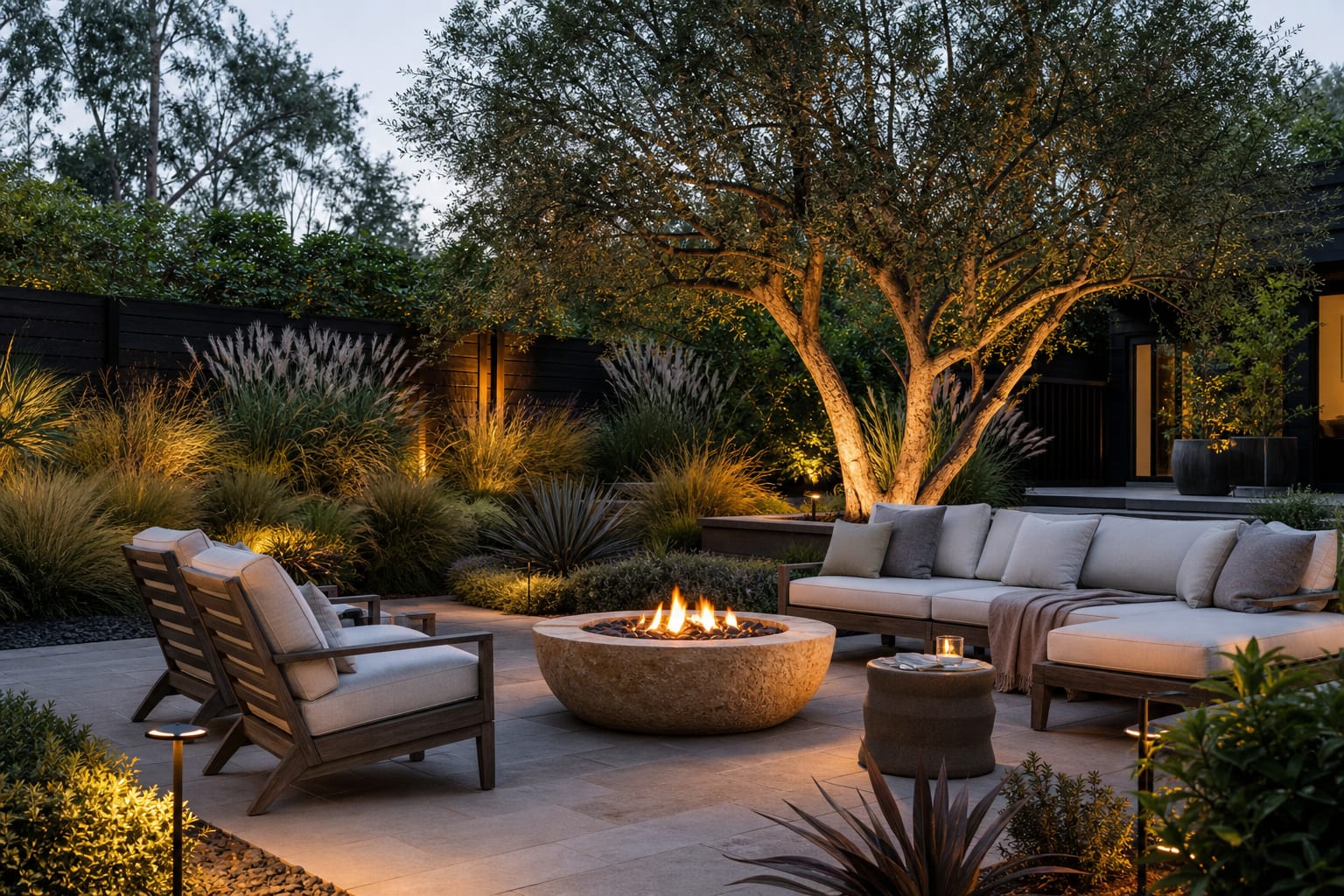backyard seating area oriented toward a stone fire bowl, layered grasses, low path lights, and one sculptural tree