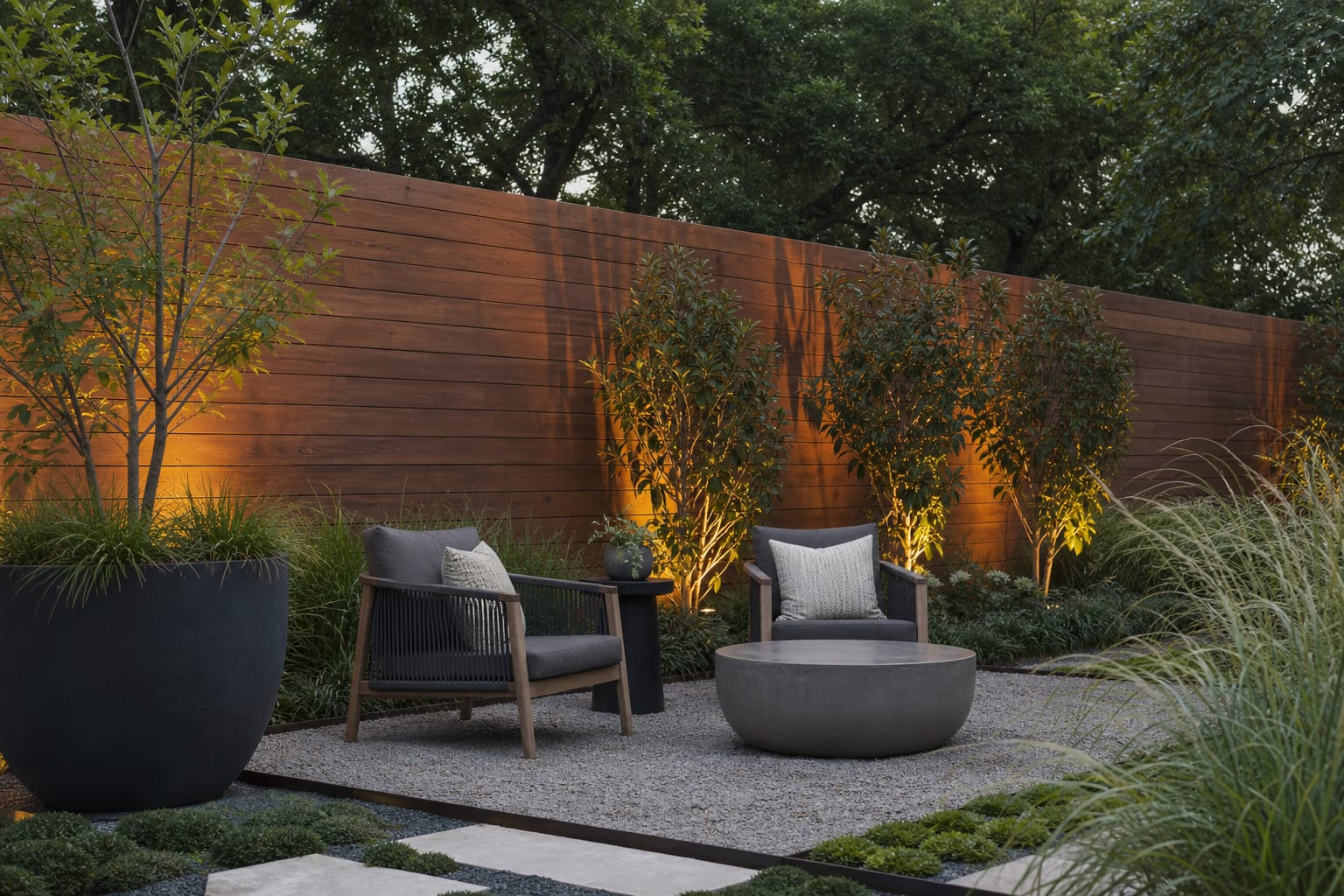 cedar backyard feature wall with a gravel seating pad, large planter, ornamental grasses, and warm landscape lighting