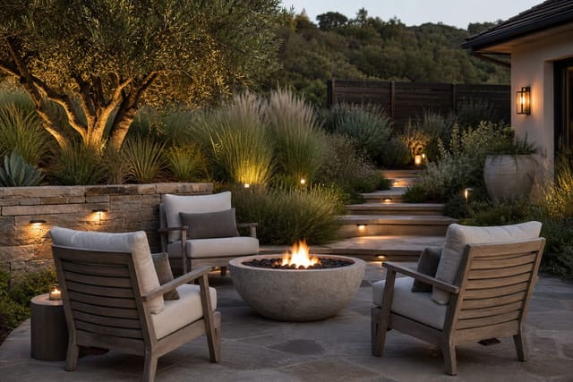 backyard seating area oriented toward a stone fire bowl, layered grasses, low path lights, and one sculptural tree