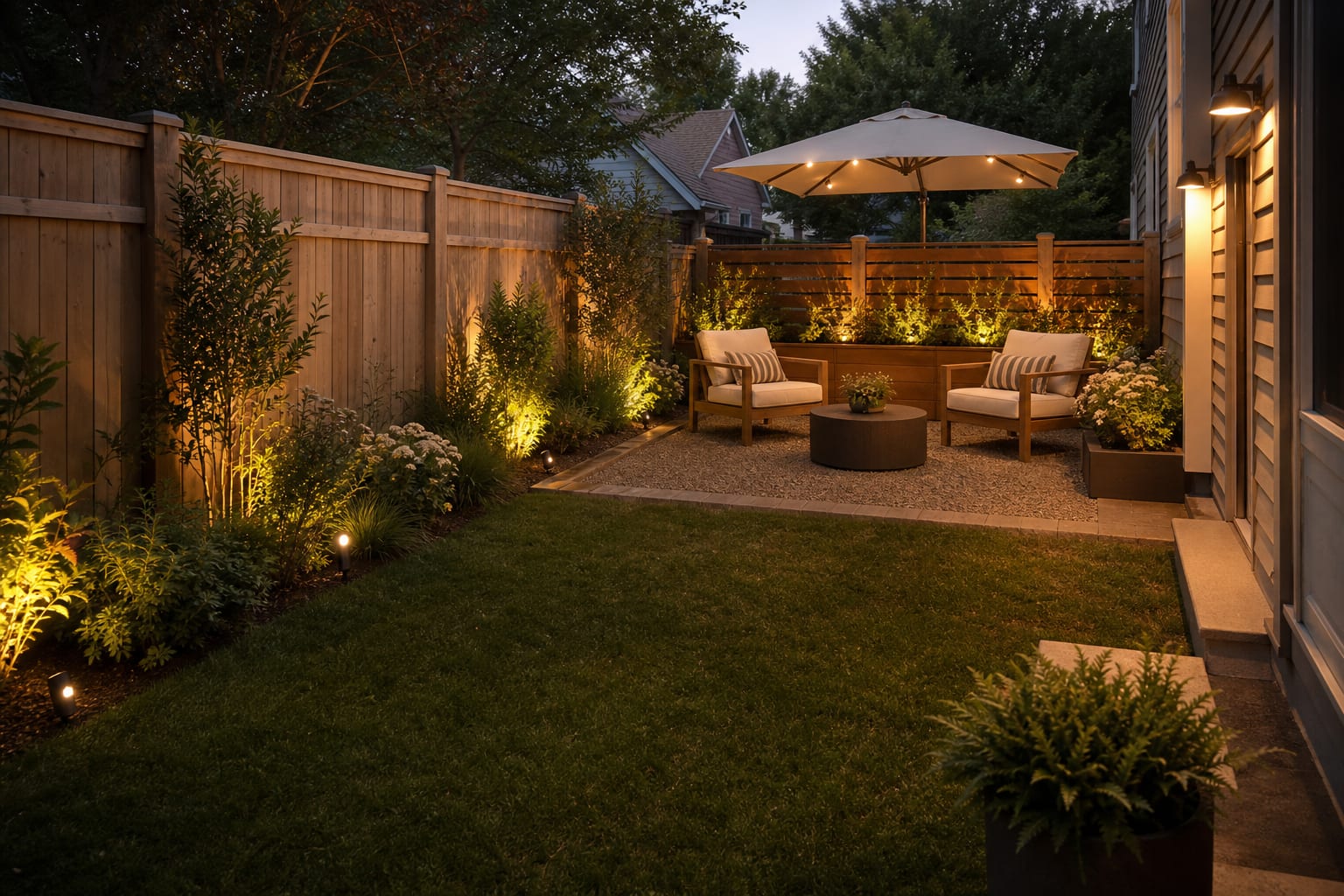 Same backyard redesigned with a gravel seating pad, compact wood bench, planter screen, umbrella shade, and warm string lights.