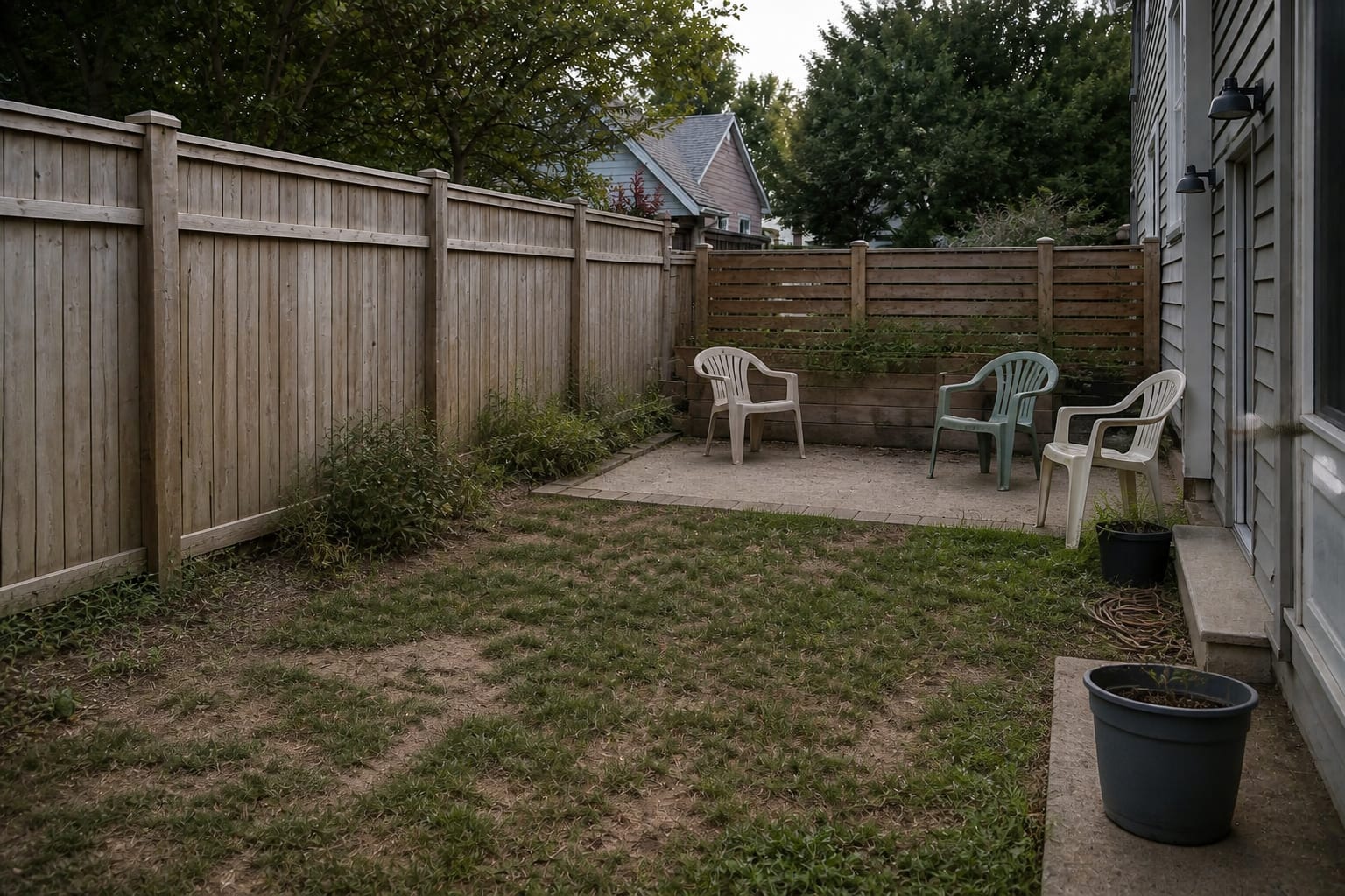 Plain backyard with patchy grass, mismatched plastic chairs, exposed fence lines, and no defined place to sit.