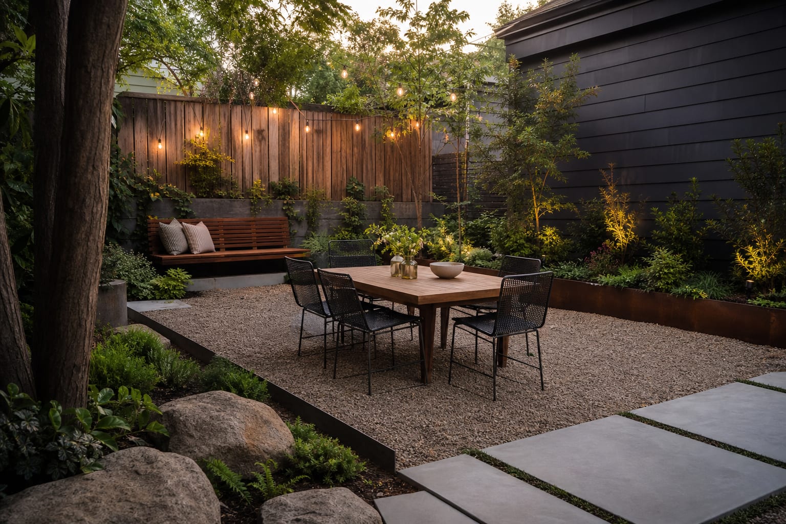 small budget backyard with gravel dining pad, simple string lights, layered planters, and a compact wood bench near the fence