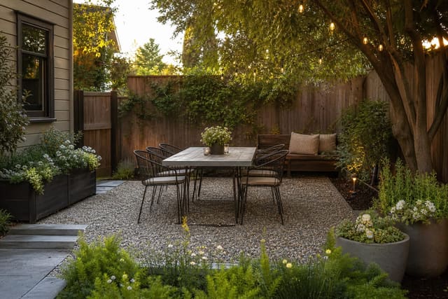 small budget backyard with gravel dining pad, simple string lights, layered planters, and a compact wood bench near the fence