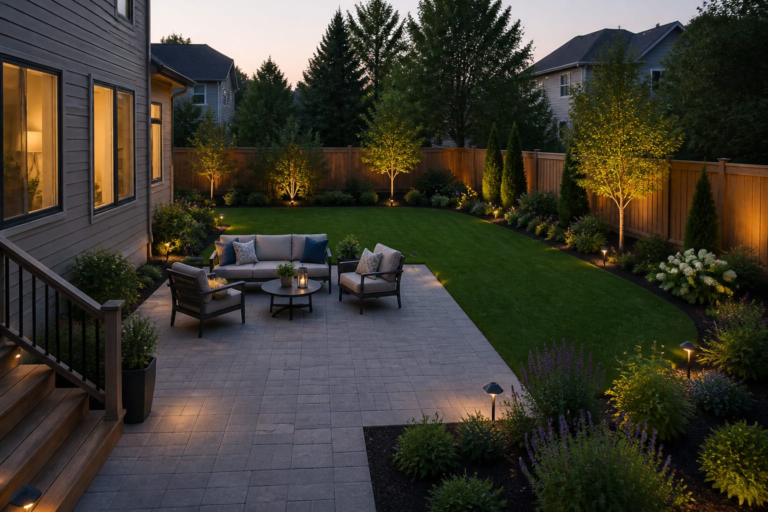 The same backyard fully landscaped with a paver patio, sod lawn, planting beds, and low-voltage lighting