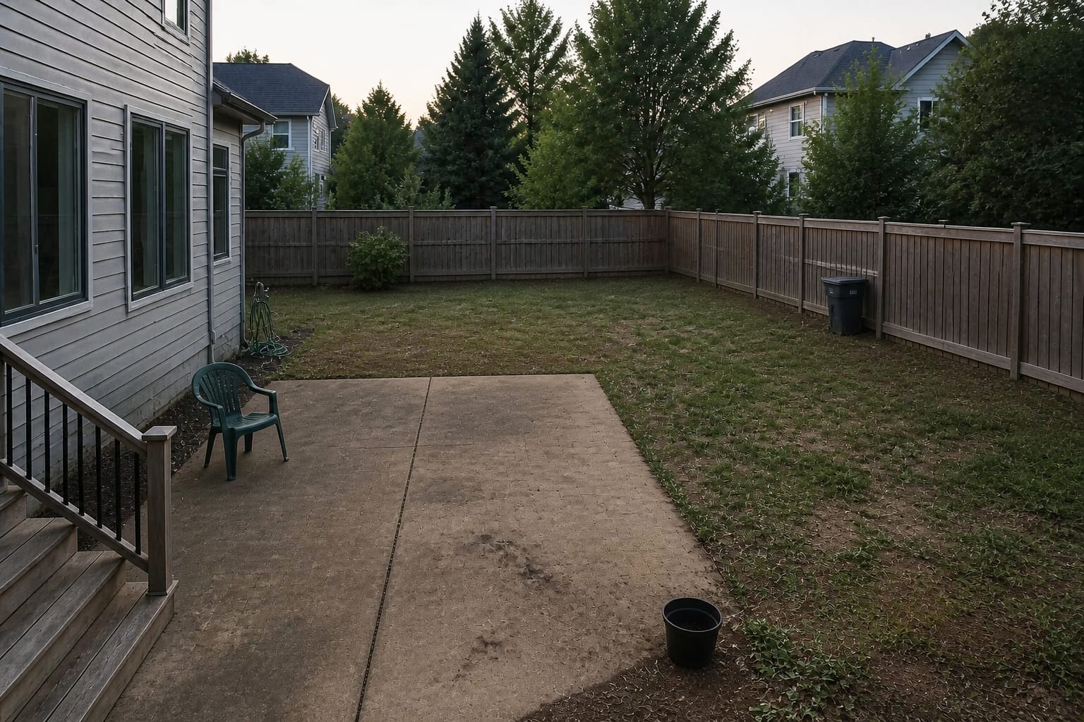 A bare, ungraded backyard with patchy grass, exposed dirt, and no defined beds or patio