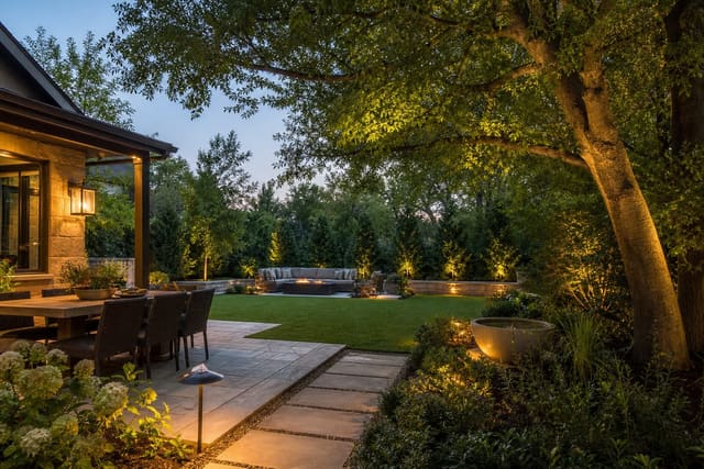 layered backyard with stone path, dining patio, shade tree, shrubs, and open lawn framed as an outdoor room