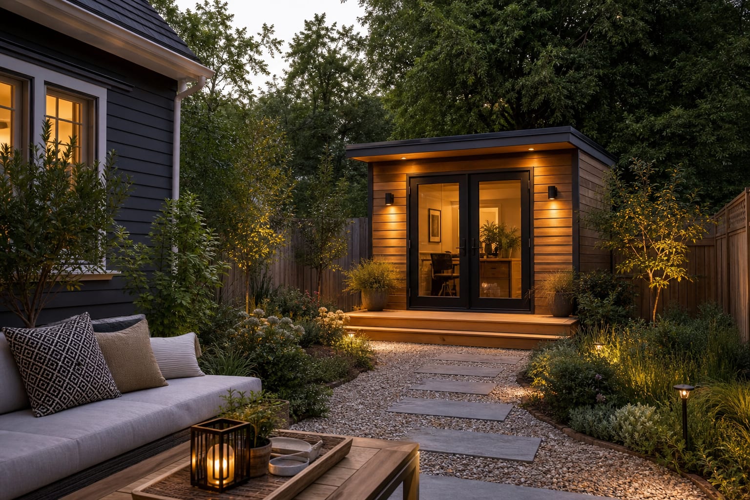 same backyard angle with a cedar garden office shed, glazed doors, desk-height window, gravel path, planting, and warm lights.