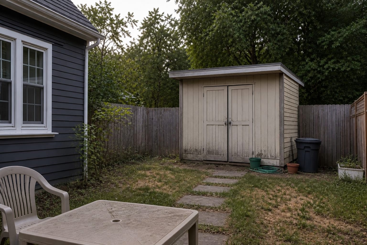 underused backyard shed with bare siding, uneven grass, clutter near the door, and no clear path or office identity.