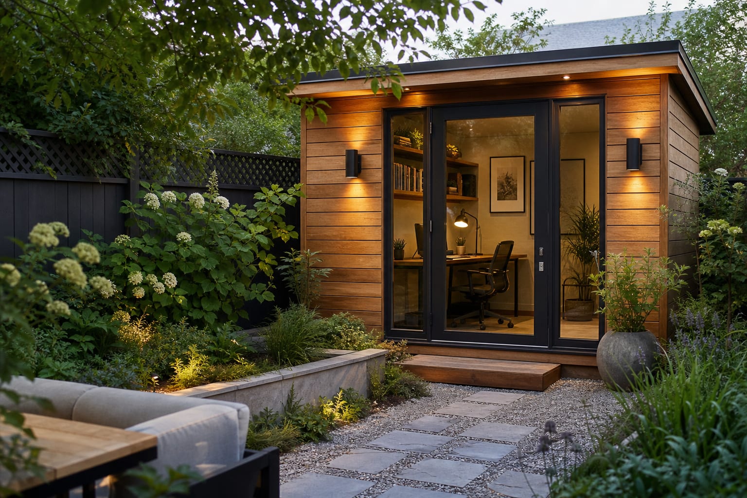 compact backyard office shed with cedar cladding, glazed doors, gravel path, planting beds, and warm exterior lighting