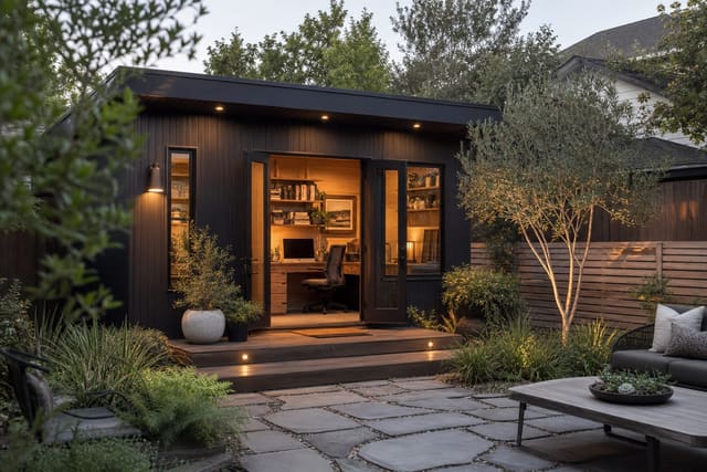 Backyard Office Shed Ideas: Work-From-Garden Setups shown as a photorealistic outdoor redesign with layered materials, planting, lighting, and clear circulation