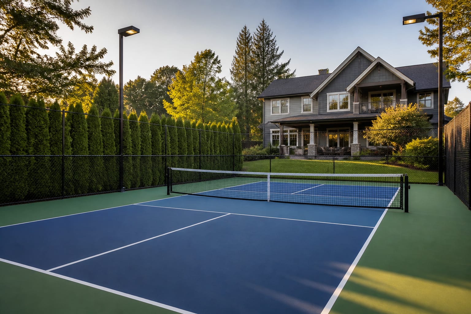 Finished 30×60 ft backyard pickleball court with blue-green acrylic surface, white boundary lines, perimeter chain-link fencing, and LED pole lights at dusk