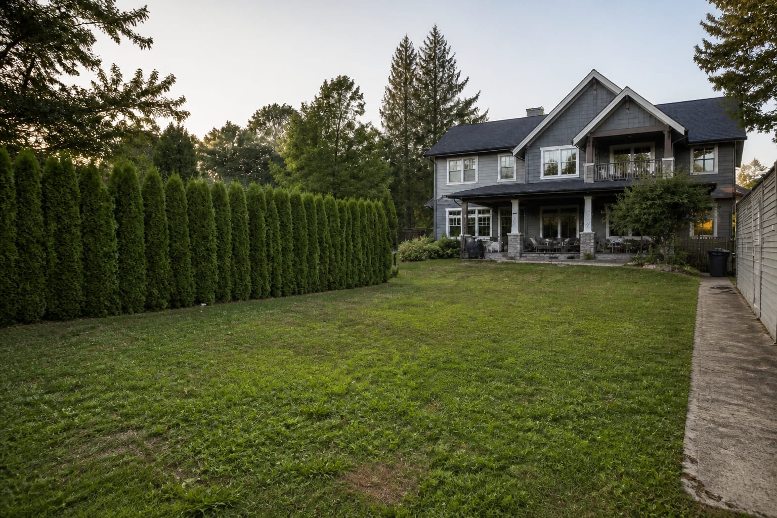 Plain grass backyard with no sports surface, overgrown lawn and unused concrete pad along the side of the house