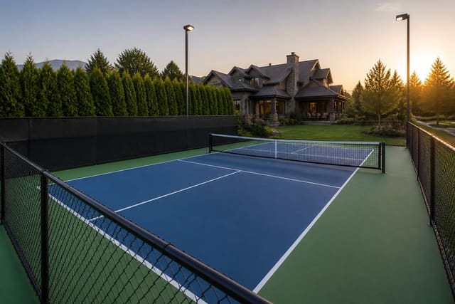 Finished backyard pickleball court with acrylic-coated blue and green surface, white boundary lines, and perimeter fencing at dusk