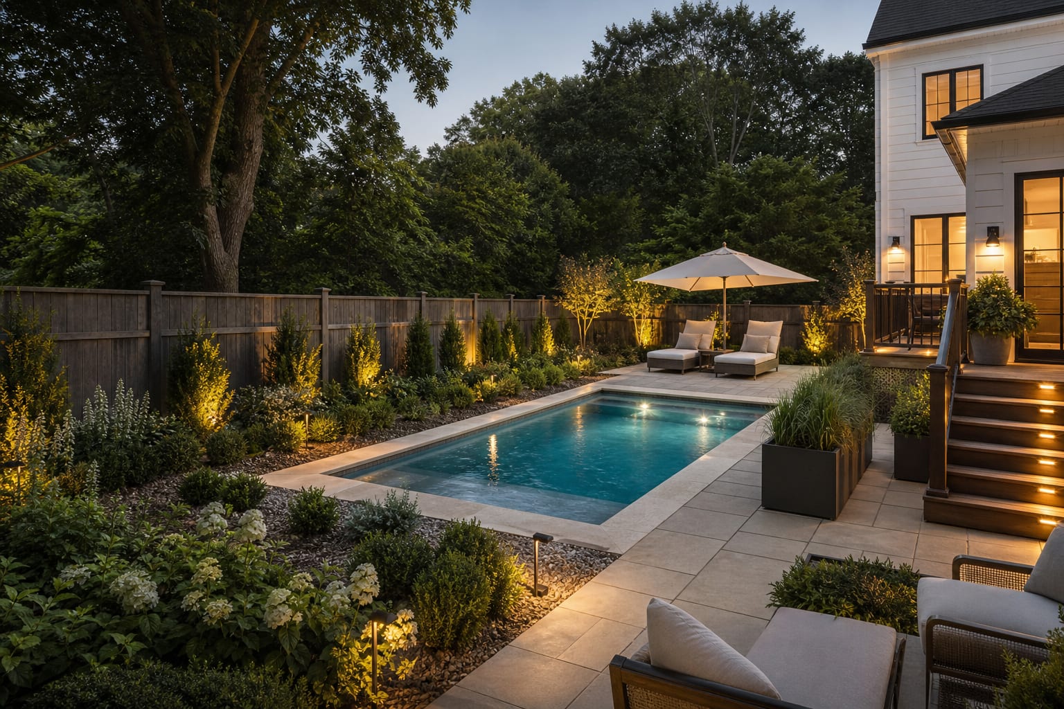 The same backyard redesigned with a small rectangular pool, pale stone coping, grasses, shaded loungers, and a clear walking path.