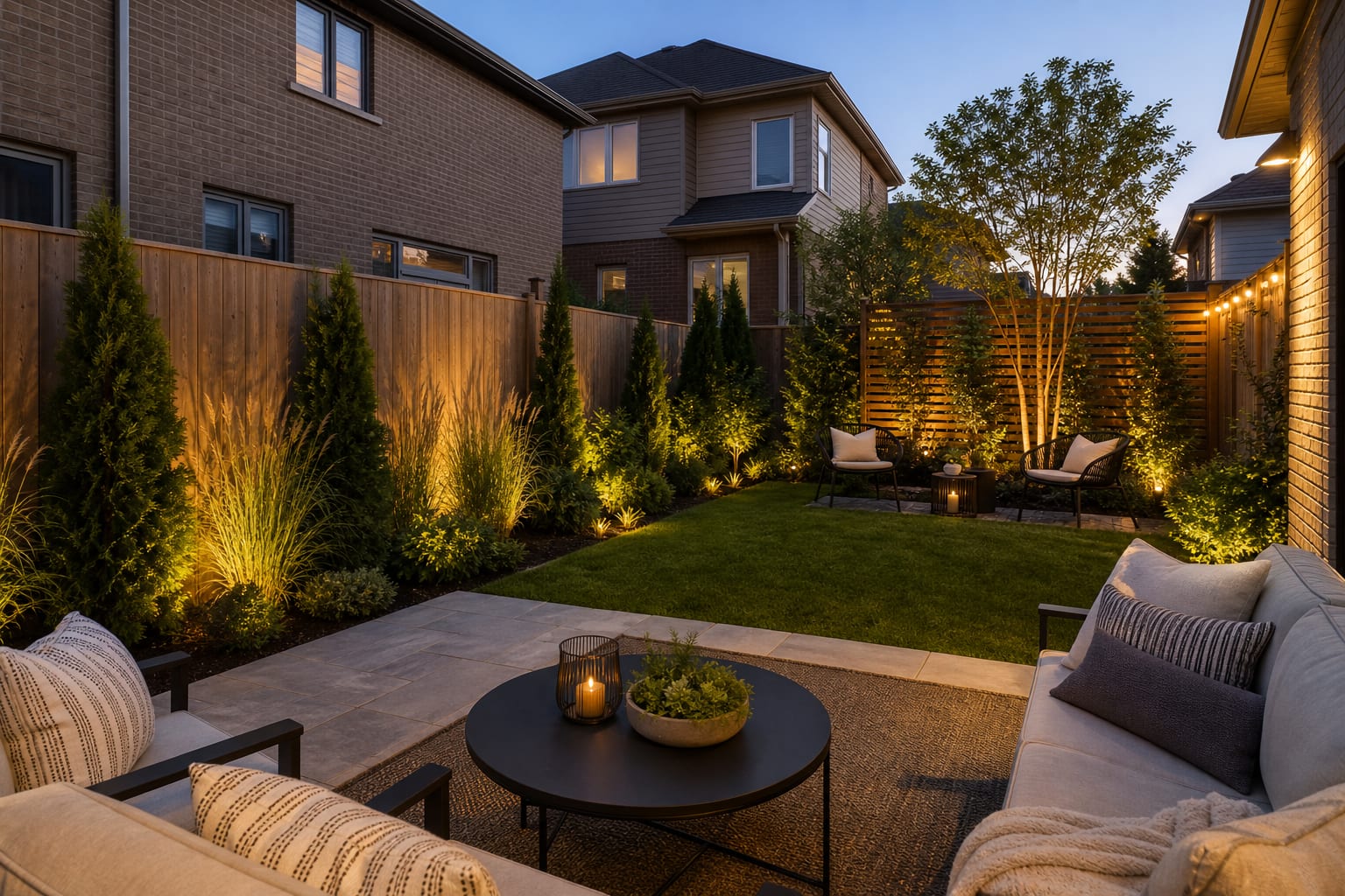 Same backyard angle with layered evergreen privacy plants, tall grasses, a slatted timber screen, and a more sheltered seating area.