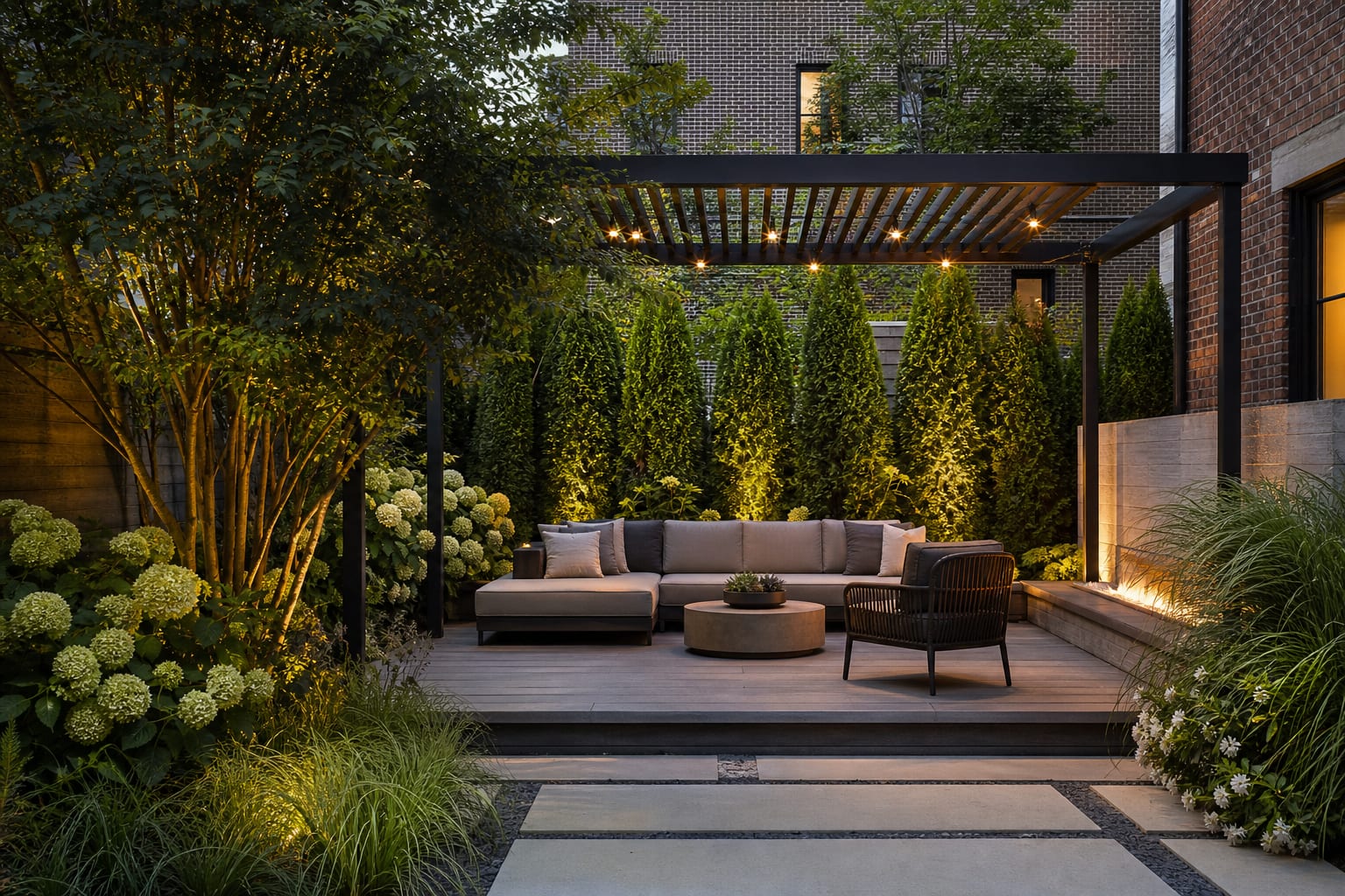 layered backyard privacy planting with evergreen shrubs, ornamental grasses, a slim pergola, and seating screened from neighboring windows