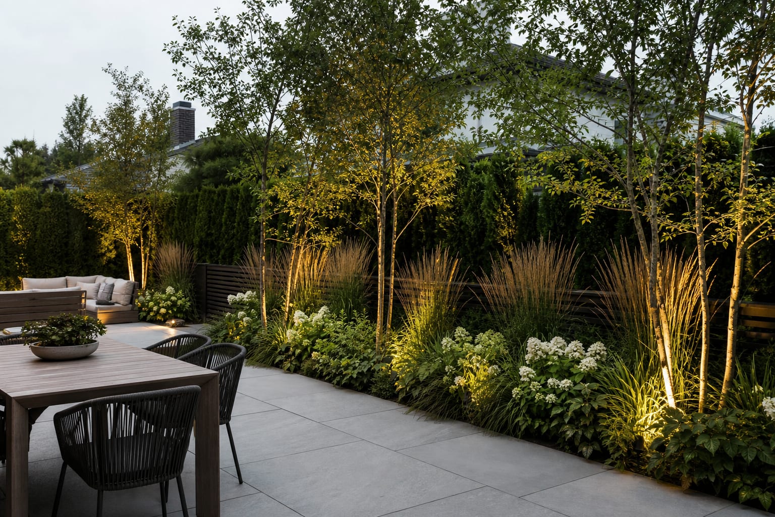 backyard fence line planted with evergreen hedges, tall grasses, and small multi-stem trees to screen a neighboring house