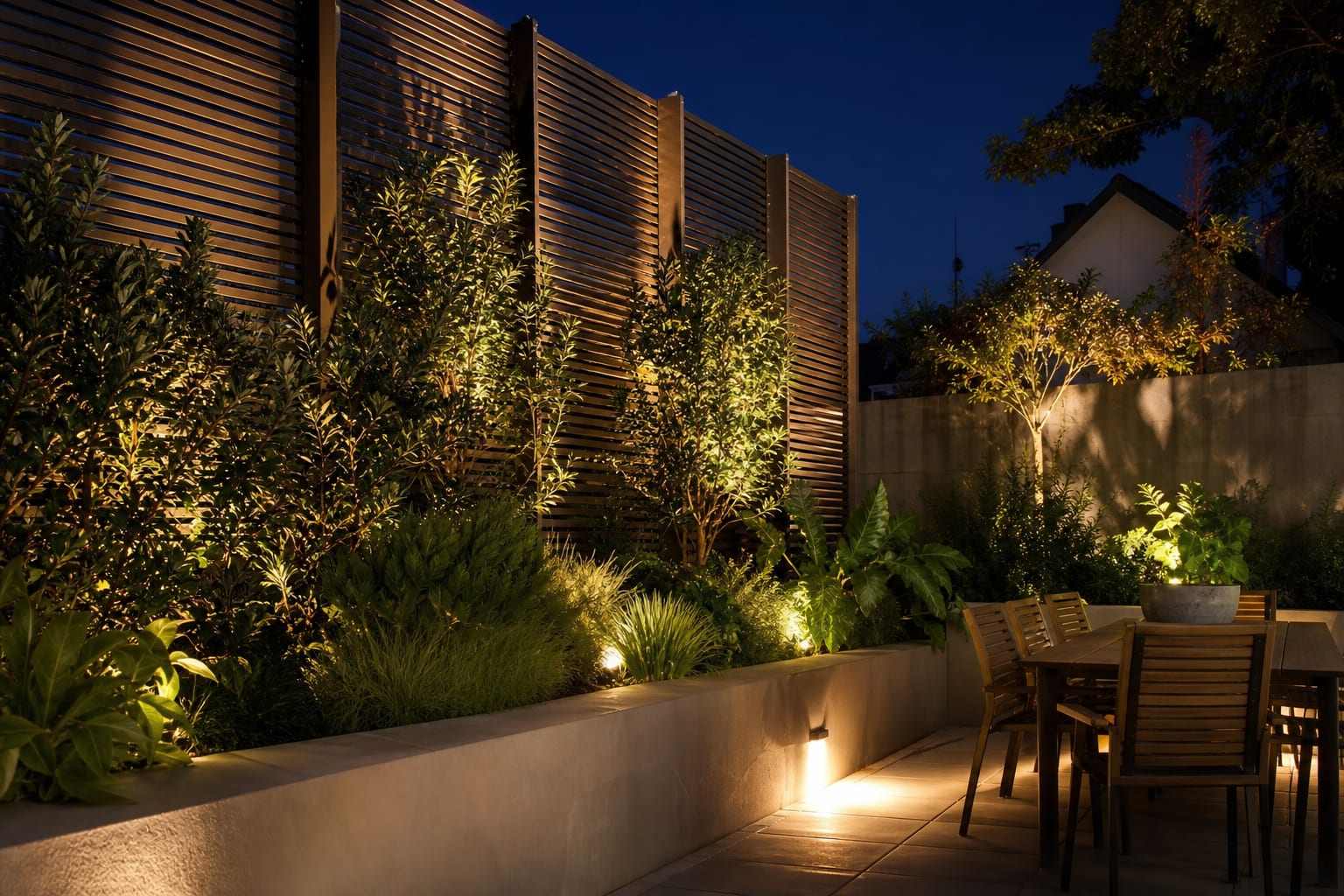 nighttime backyard privacy screen with warm path lights, dense shrubs, slatted panels, and a small outdoor dining area