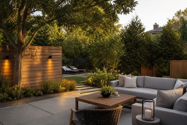 Backyard Privacy Landscaping Ideas: Plants and Structures That Screen shown as a photorealistic outdoor redesign with layered materials, planting, lighting, and clear circulation