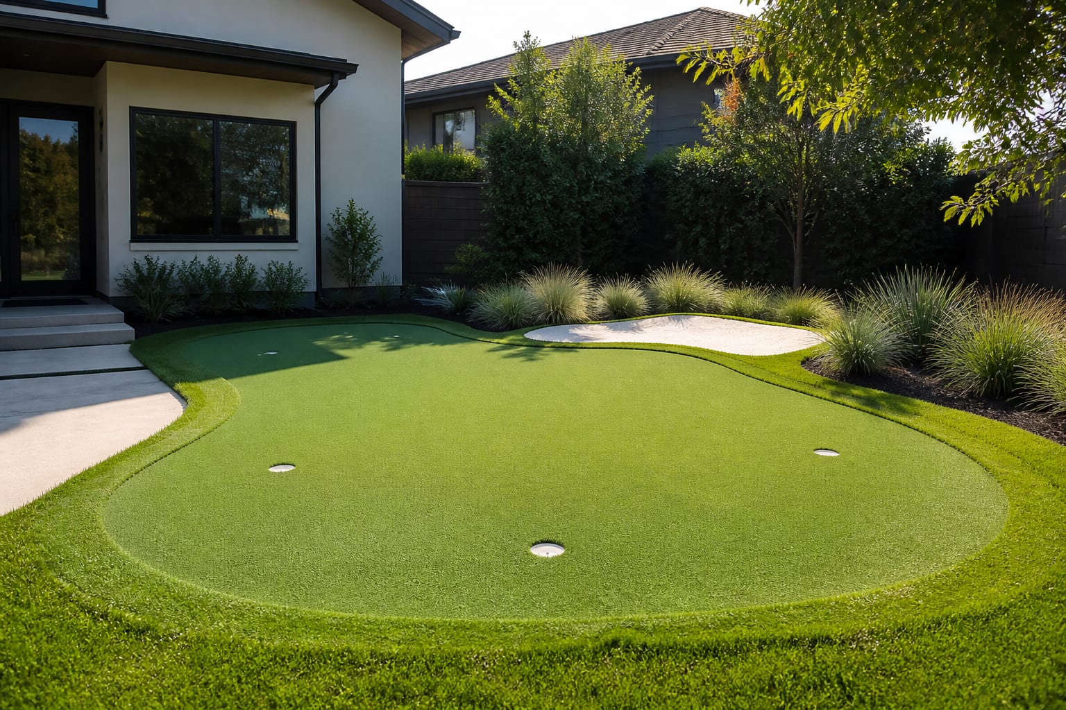 Same corner transformed into a contoured synthetic putting green with fringe turf, three hole cups, and ornamental grass border
