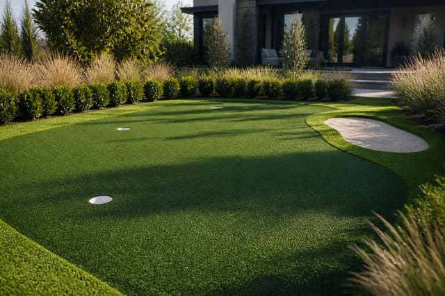 Contoured backyard synthetic putting green with multiple hole cups, sand bunker edge, and lush fringe turf surrounding a modern home patio