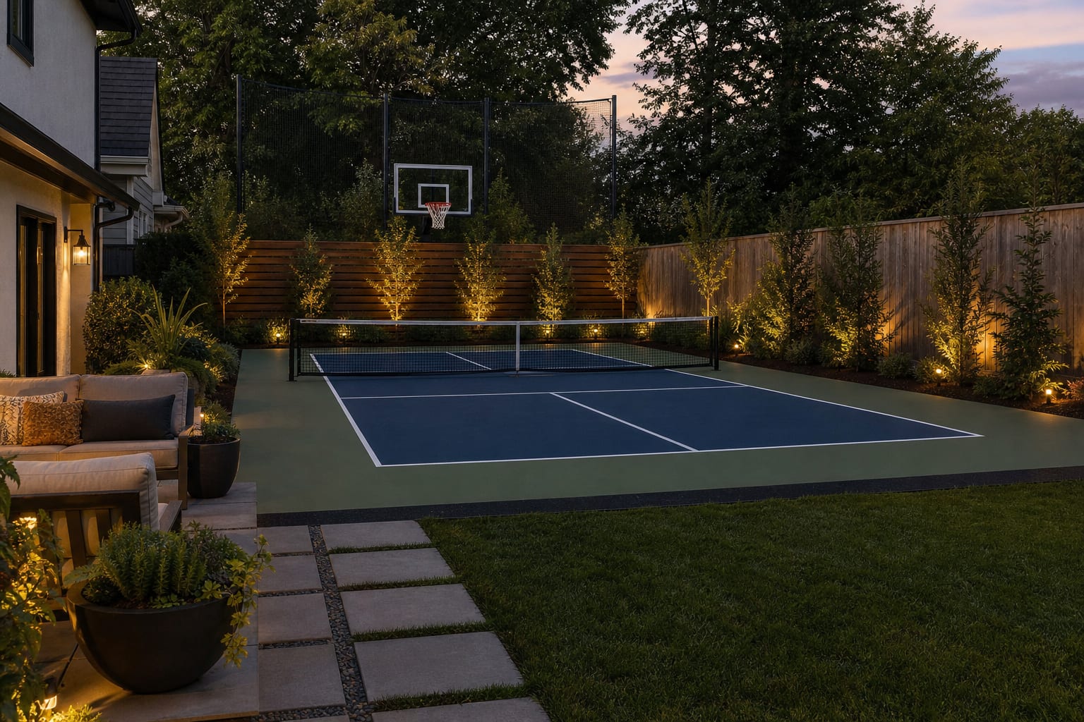Same backyard angle redesigned with a compact sport court, pickleball lines, basketball hoop, cedar privacy screen, planted border, and path lights.