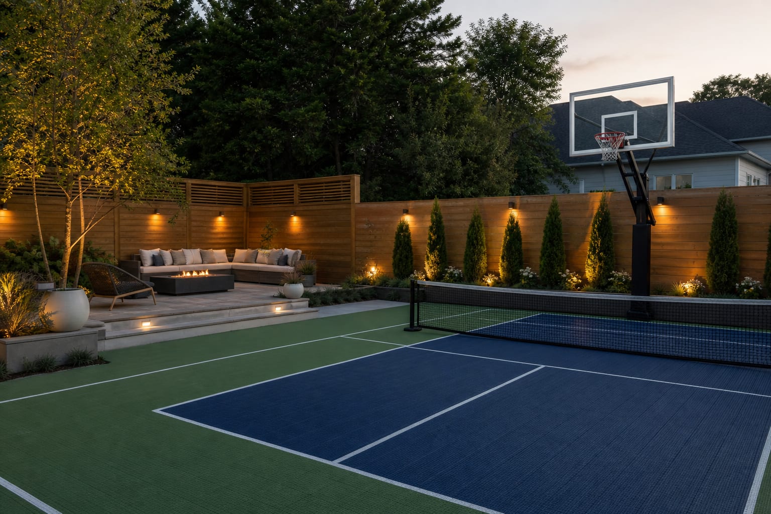 backyard multi-sport court with pickleball lines, a half basketball hoop, cedar privacy fencing, low planting, and warm path lighting