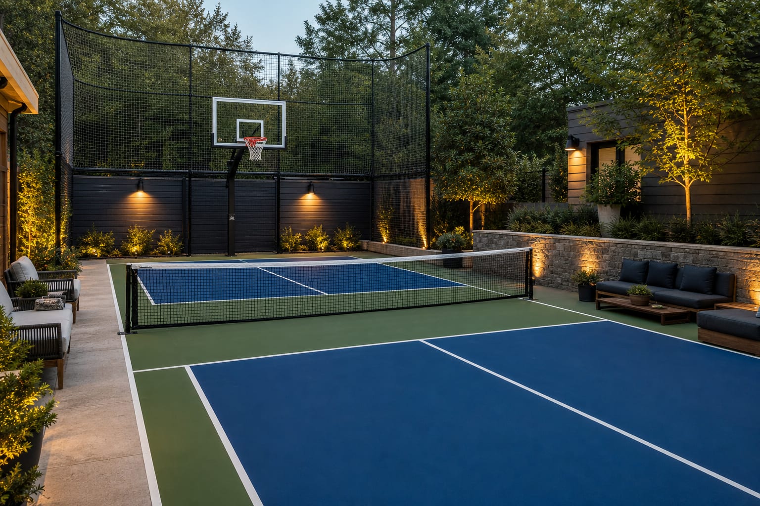 compact backyard pickleball and basketball court with planted borders, side seating, and a high netted backstop near the hoop