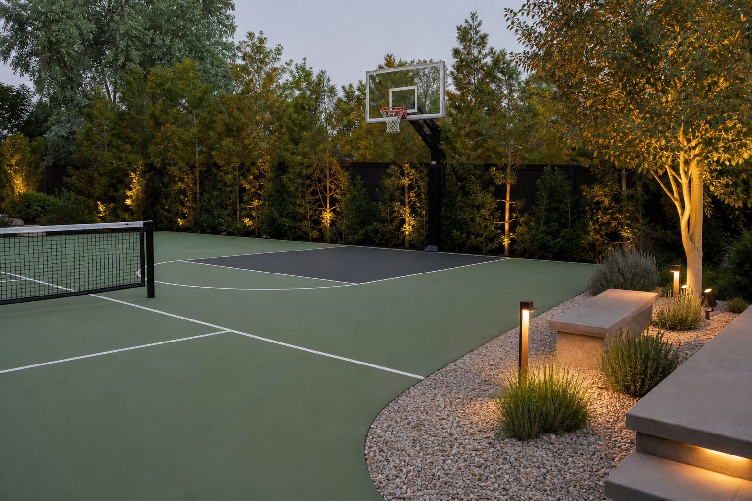 backyard sports court surface detail with muted green acrylic coating, white pickleball lines, charcoal basketball key, and gravel planting edge